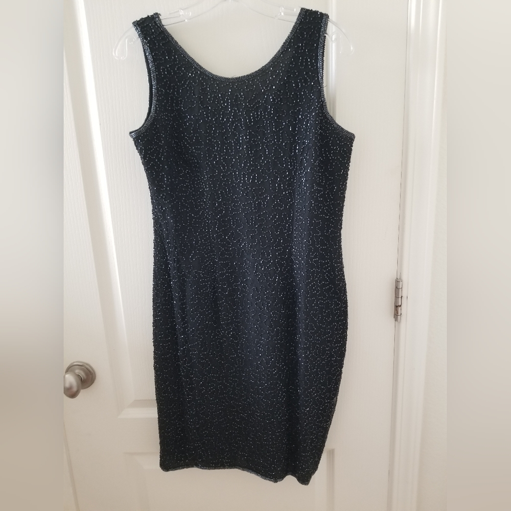 Black silk sleeveless beaded dress by JMD New York size PM